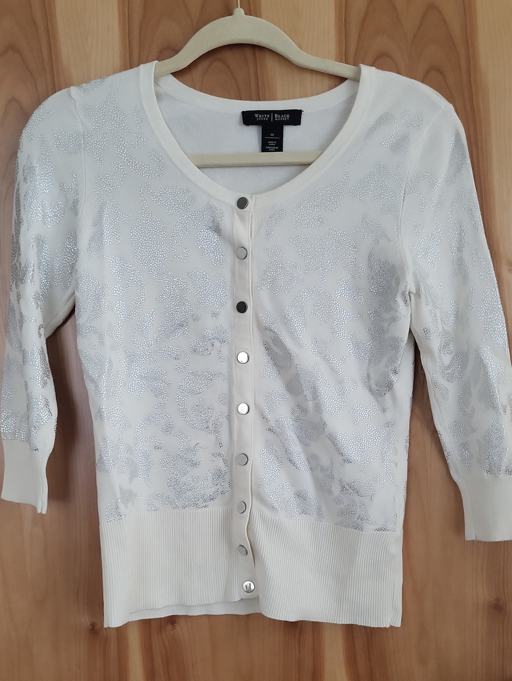 White House Black Market Cream Cardigan with Silver Accents